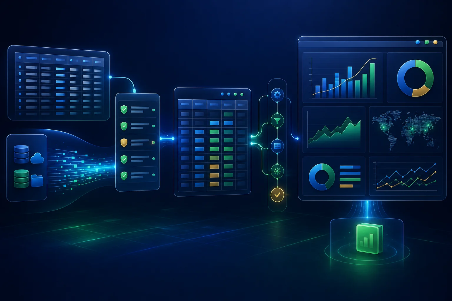 Excel automation workflow: source files and databases feeding a validated workbook, then a reporting output