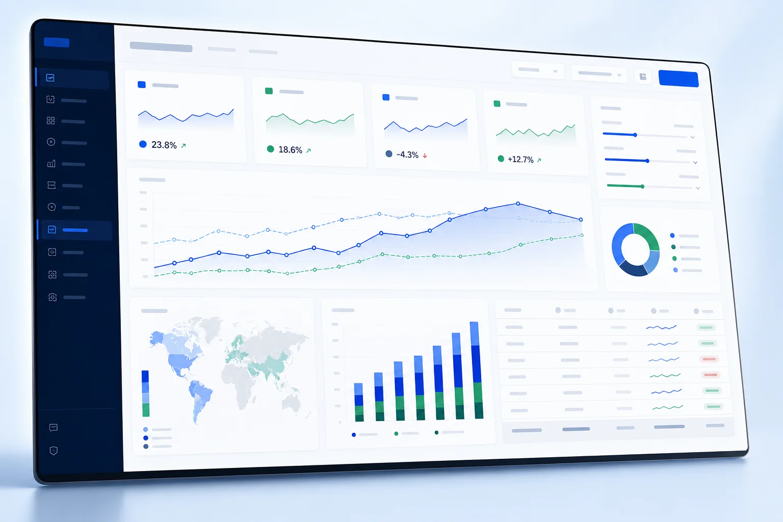 An Excel dashboard showing KPI tiles, trend lines and a regional breakdown on a single screen