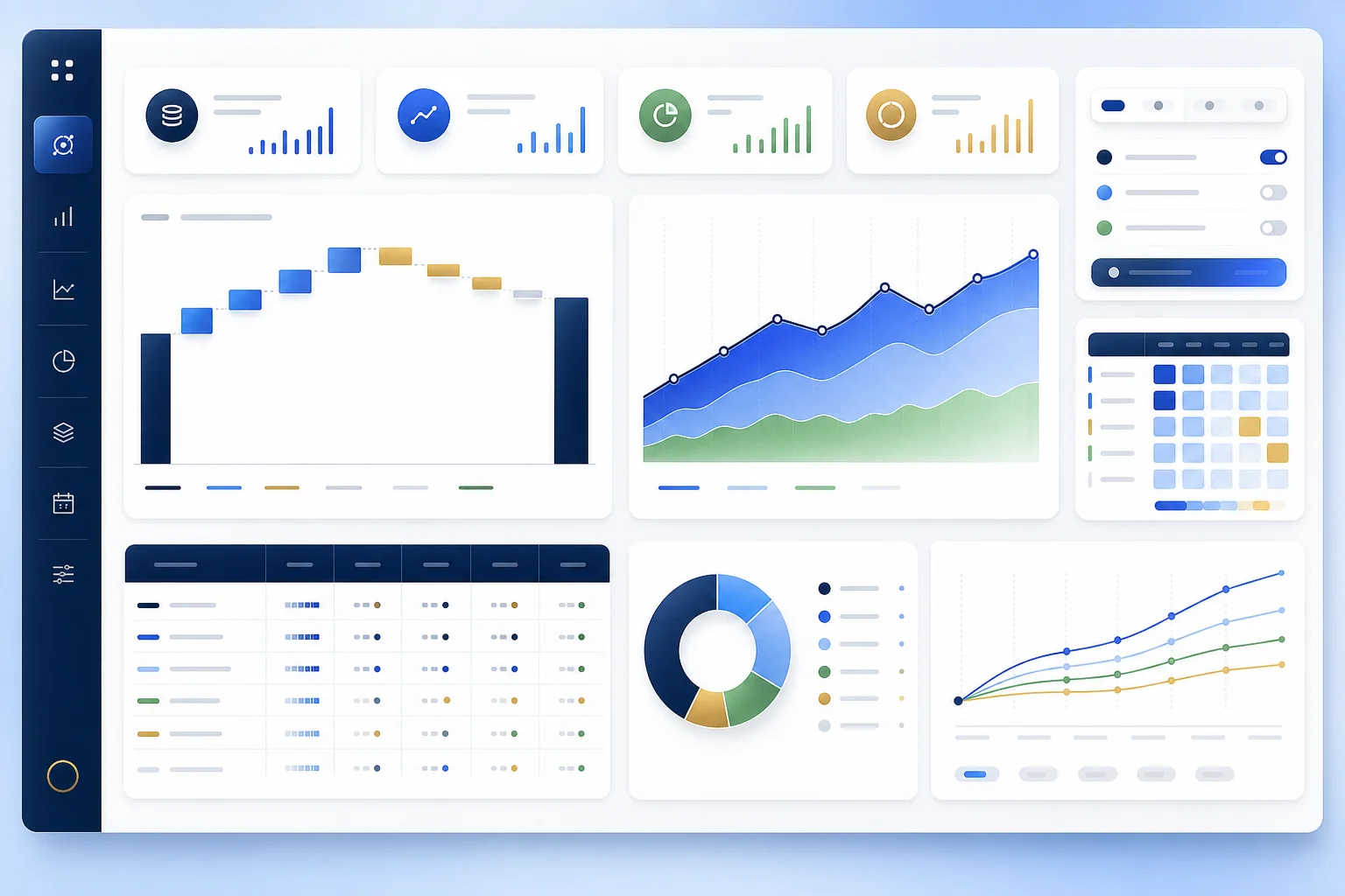 A financial model output view with waterfall, trend and scenario comparison panels