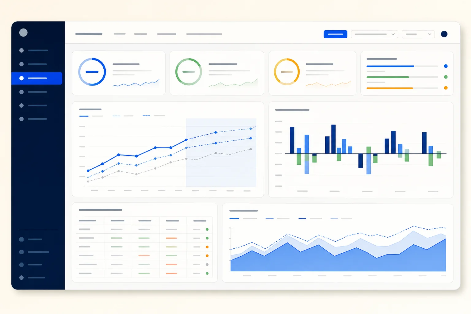 A business intelligence report with KPI gauges, variance bars and a trend area chart